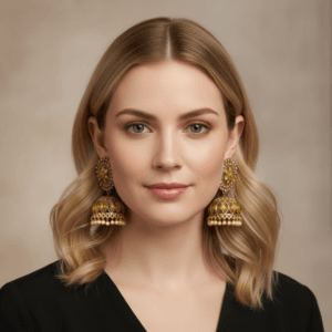 Shoppya antique Gold-Toned Jhumka Earrings with Amber Crystal Accents and Pearl Droplets