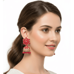 Shoppya Exquisite Ruby Red Kundan Jhumka Earrings – Traditional Gold-Plated Floral Studs with Pearl Drops – Ethnic Bridal & Festive Jewelry for Women and Girls