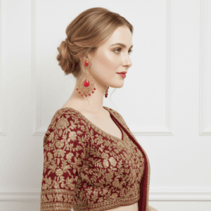 Shoppya Exquisite Red Kundan & Gold-Plated Drop Earrings – Traditional Indian Jhumka Style with Teardrop Crystals and Bead Tassels – Ethnic Wedding Jewelry for Women