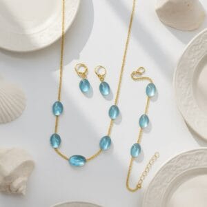 Royal Aqua Blue Stone Necklace & Earrings Jewelry Set – Elegant Gold-Tone Finish